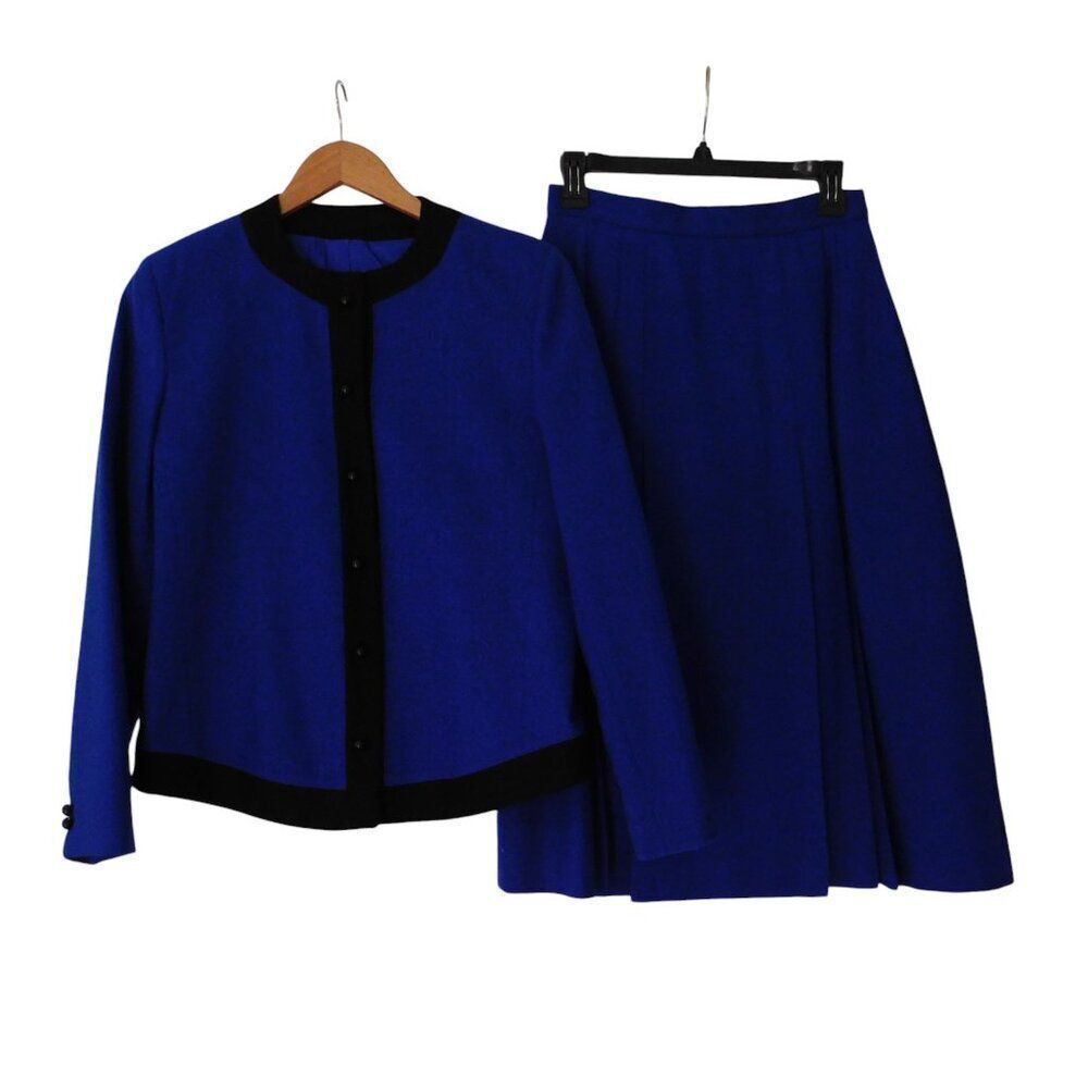 Vtg Karen Ellis Royal Blue Wool Vintage‎ Blazer & Midi Skirt Suit Pleated Lined